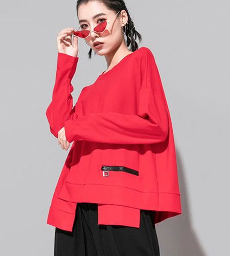 Women Red Irregular Split Joint Big Size T-shirt New Round Neck Long Sleeve  Fashion Tide  Spring Autumn 2025 1DA605