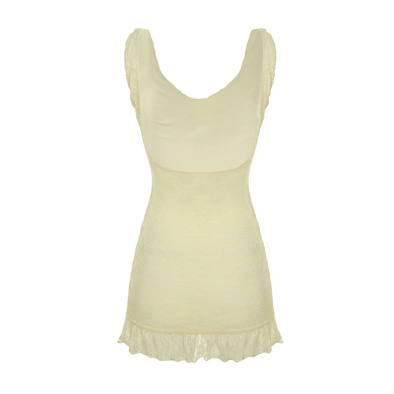 Lace Sleeveless Ruffle Sexy Mini Dress For Women Robe Elegant Deep V Neck Backless Bodycon Club Party Dress Vestido