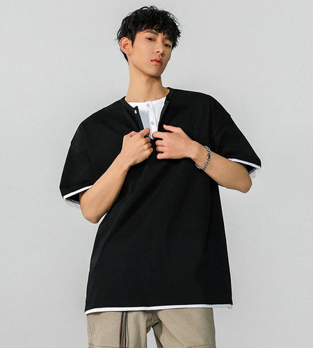 Fake Two-piece Men's T-shirt Summer New Trendy Solid Color Tees Half Sleeves Round-collar Loose Male T-shirts 2025 9W1295