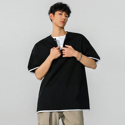 Load image into Gallery viewer, Fake Two-piece Men&#39;s T-shirt Summer New Trendy Solid Color Tees Half Sleeves Round-collar Loose Male T-shirts 2025 9W1295
