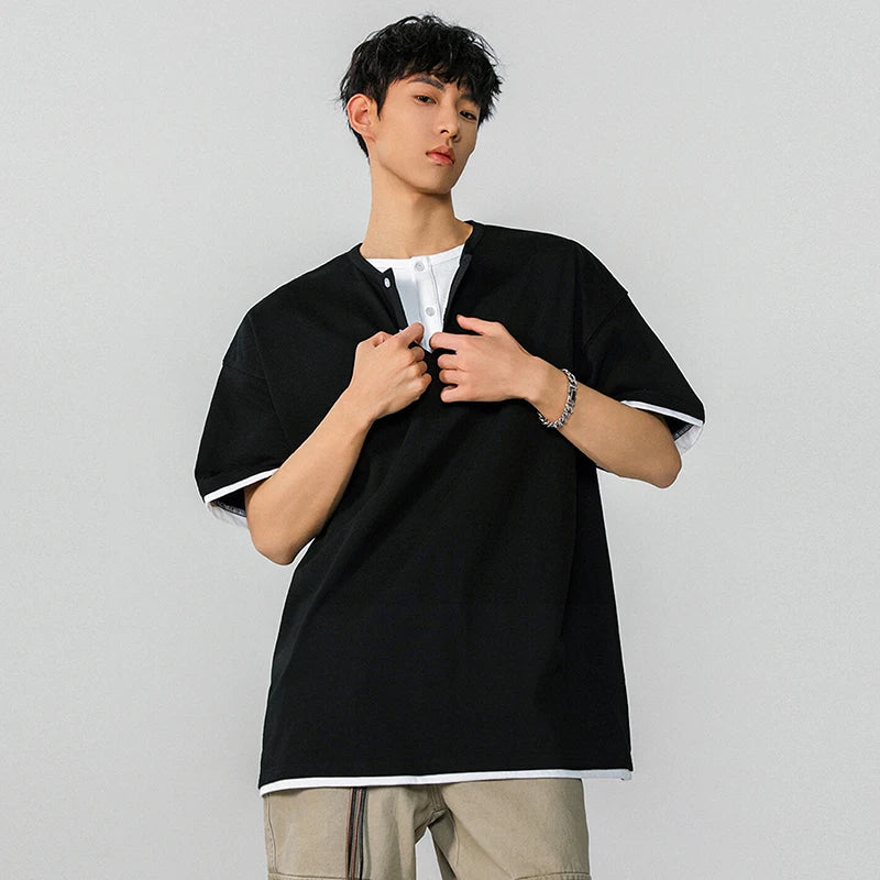 Fake Two-piece Men's T-shirt Summer New Trendy Solid Color Tees Half Sleeves Round-collar Loose Male T-shirts 2025 9W1295