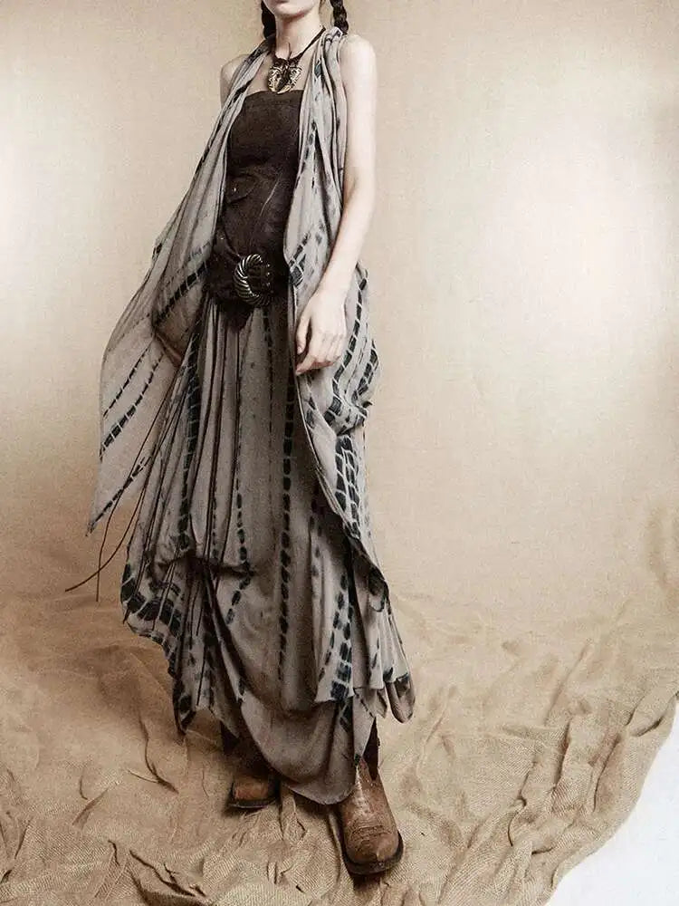 Women Brown Irregular Spliced Tie Dye Vintage Long Strapless Dress New Sleeveless Fashion Tide Spring Autumn 2025 1DH9375