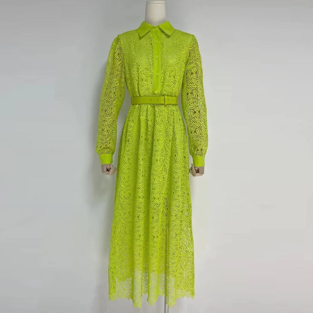 Vintage Lace Panel Dress For Women Lapel Long Sleeve High Waist Solid Elegant Midi Dresses Female Clothes Style