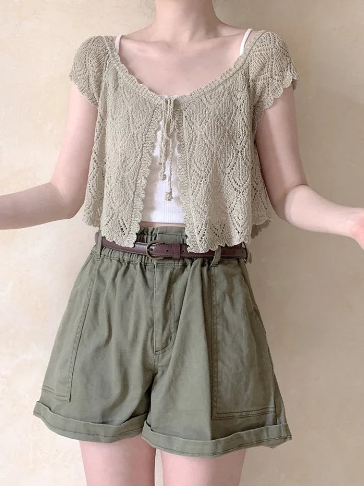 Lolita V-Neck Short Women Thin Cardigan  Sleeve Crop Top Hollow Korean Style Sun Protection Tops Summer Blusas