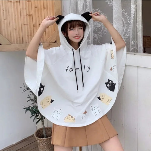 Load image into Gallery viewer, Women Cloak Outerwear Cartoon Cat Print With Ears On Hood Hoodies Coat Pullover Poncho Jacket  Hooded
