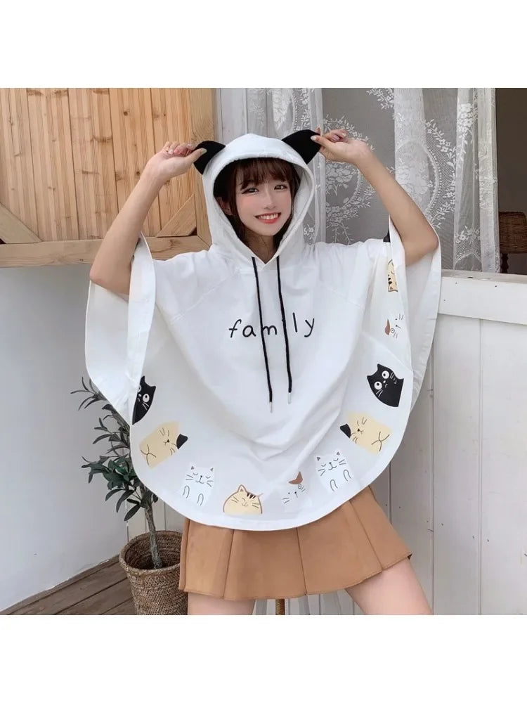 Women Cloak Outerwear Cartoon Cat Print With Ears On Hood Hoodies Coat Pullover Poncho Jacket  Hooded