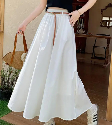 Spring Summer White Elegant Pockets Versatile Pleated Long Skirt Women High Waist Festival Skirts Ladies Casual Simplicity Trend