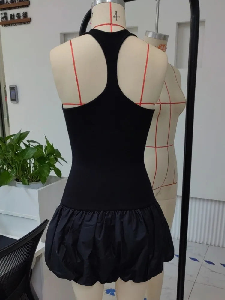 Black Sleeveless Puffy Dress For Women Fashion Round Neck High Waist Backless A-line Loose Sexy Dress Clothes