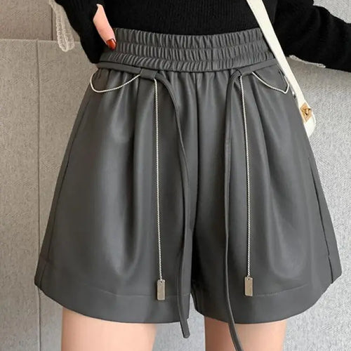 Load image into Gallery viewer, Autumn Winter Black Brown High Waist Drawstring Lace-up Leather Shorts Women&#39;s Korean Version Loose Versatile Casual Short Pant
