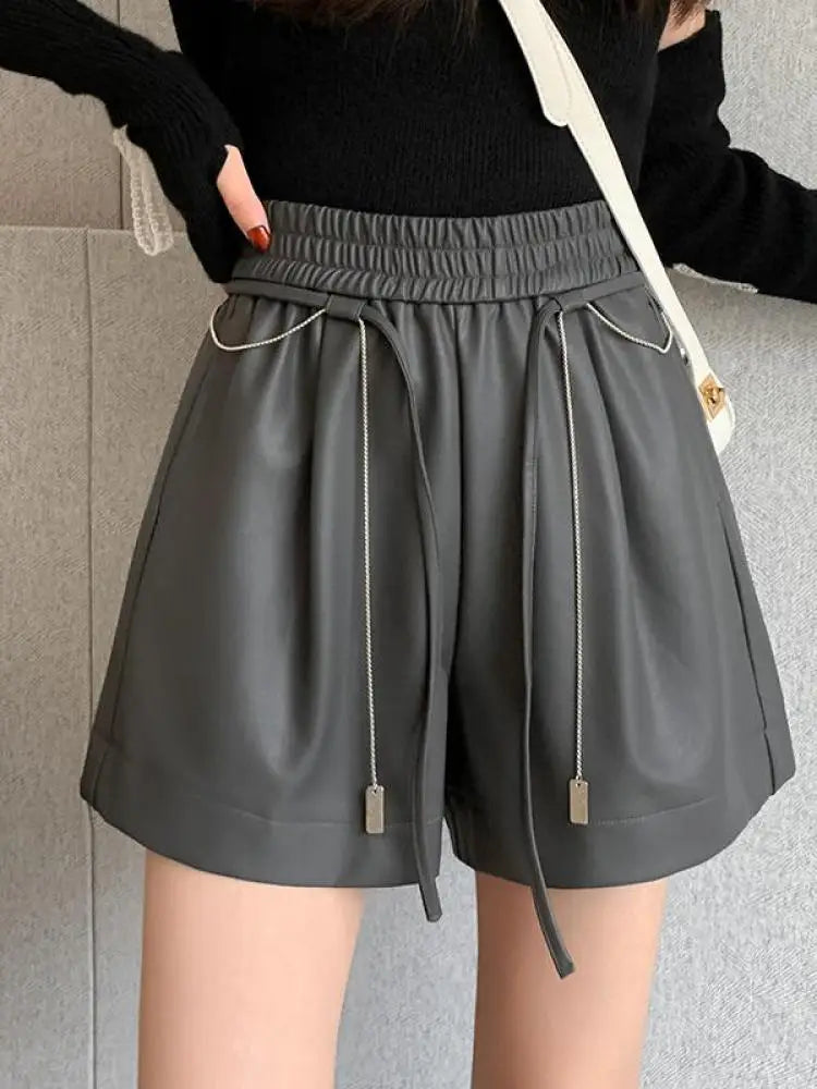 Autumn Winter Black Brown High Waist Drawstring Lace-up Leather Shorts Women's Korean Version Loose Versatile Casual Short Pant