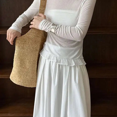 Load image into Gallery viewer, Women Black White Plain Color Ruffles Hem Thin T-shirt New Round Neck Long Sleeve Fashion Tide Spring Autumn 2025 1DJ0815
