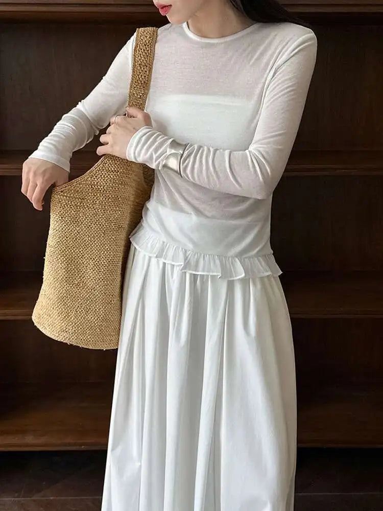 Women Black White Plain Color Ruffles Hem Thin T-shirt New Round Neck Long Sleeve Fashion Tide Spring Autumn 2025 1DJ0815