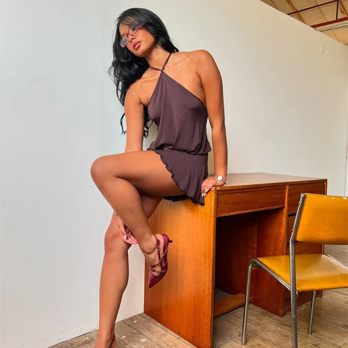 Load image into Gallery viewer, Halter Backless Sexy Mini Dress Women Robe Fashion Summer New Lace Patchwork Sleeveless Pleated Ruffled Club Dress
