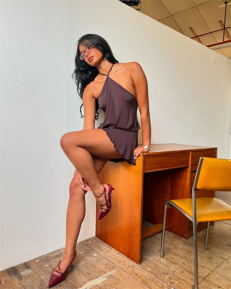 Halter Backless Sexy Mini Dress Women Robe Fashion Summer New Lace Patchwork Sleeveless Pleated Ruffled Club Dress