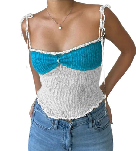 Aesthetic Crop Top y2k Women Contrast Color Spaghetti Strap Sleeveless Tanks Hollow Out Crochet Clothes Streetwear