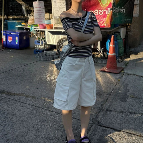 Load image into Gallery viewer, Women Harajuku Knitted Contrast Color Stripe Tops Y2k Aesthetic Sexy Slash Neck Tees Summer Slim Fit Streetwear Grunge Tshirts
