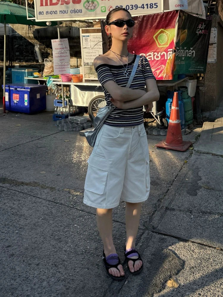 Women Harajuku Knitted Contrast Color Stripe Tops Y2k Aesthetic Sexy Slash Neck Tees Summer Slim Fit Streetwear Grunge Tshirts