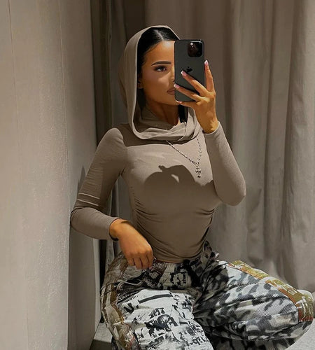 Grunge Fairycore Hooded T shirt Women Skinny Crop Top Solid Long Sleeve Tees Autumn Harajuku Basic Retro Shirt Luxury