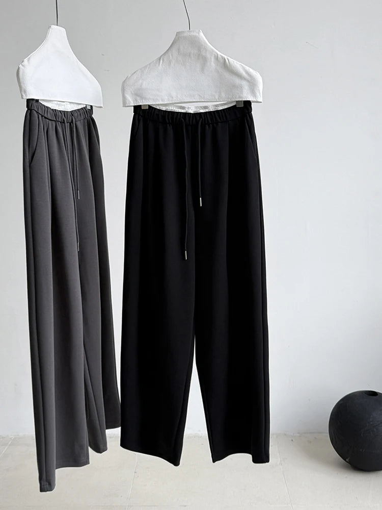High Elastic Waist Gray White Color-block Long Wide Leg Pants New Trousers Women Fashion Tide Spring Autumn 2025 1DJ0929