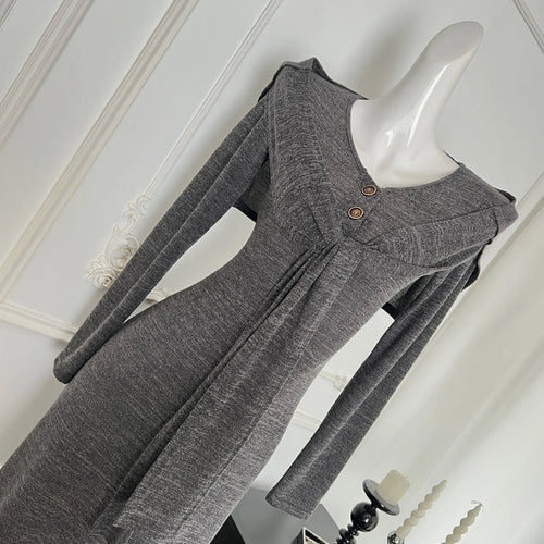 Load image into Gallery viewer, French Gray Elegant Fashion Knit Dresses Women Autumn Winter 2024 New Bandage Shawl And V-neck Button Long Sleeved Dress Casual
