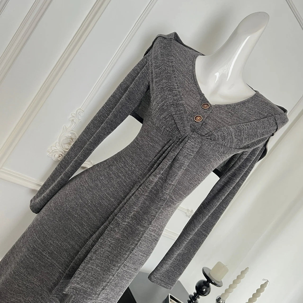 French Gray Elegant Fashion Knit Dresses Women Autumn Winter 2024 New Bandage Shawl And V-neck Button Long Sleeved Dress Casual