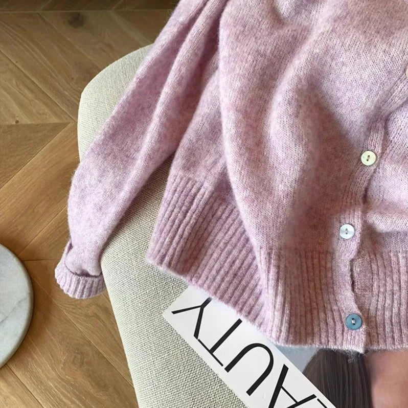 Simple 2024 Autumn Winter Women's New Pink Round Neck Cardigan Sweater French Single Breasted Long Sleeve Fashion Versatile Tops