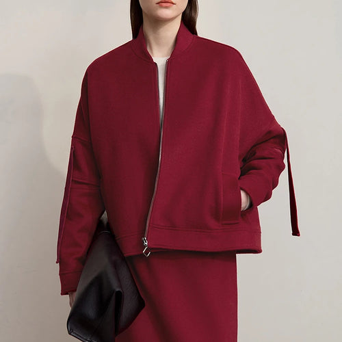 Women Midi Skirt 2025 Winter Minimalist Loose Zipper Versatile Long Sleeves Red Jacket A-Line Long Skirt Separate 12524022