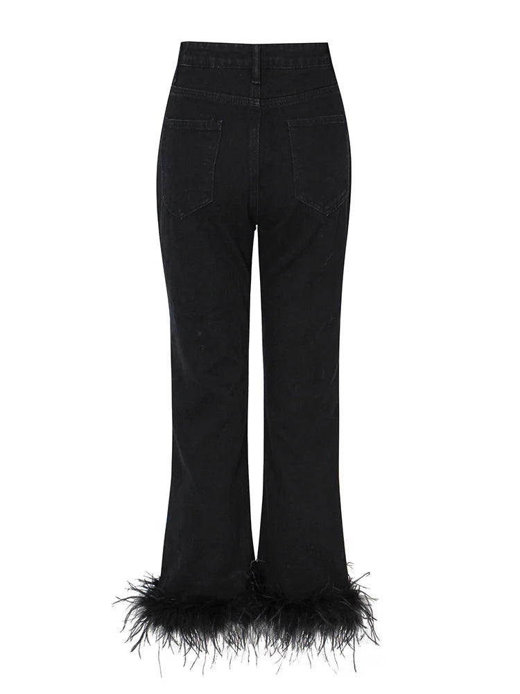 Casual Solid Pants For Women High Waist Minimalist Patchwork Feathers Long Straight Trousers Female Korean Fashion Clothing