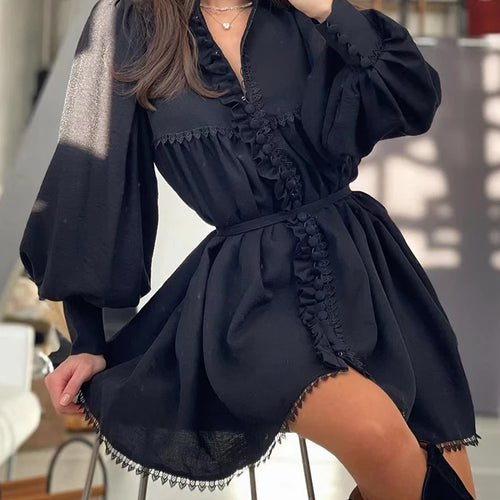 Load image into Gallery viewer, Elegant Print Mini Dresses For Female V Neck Long Lantern Sleeve Patchwork Lace High Waist Casual Women&#39;s Dress 2022 Clothes
