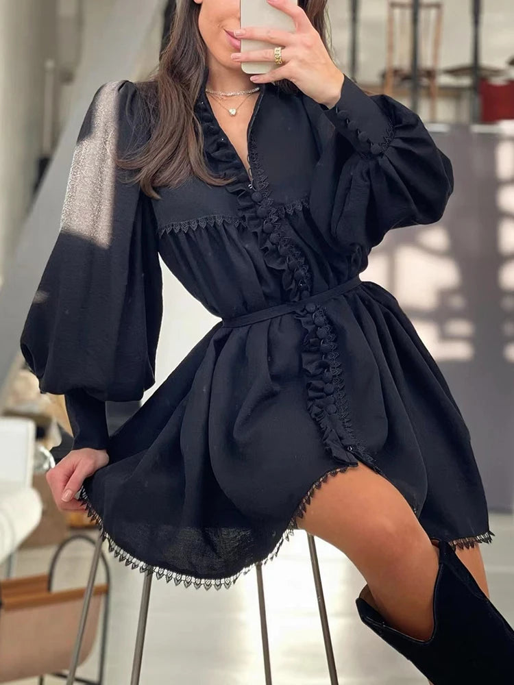 Elegant Print Mini Dresses For Female V Neck Long Lantern Sleeve Patchwork Lace High Waist Casual Women's Dress 2022 Clothes