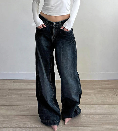 Streetwear Washed Loose Straight Leg Jeans Women's Casual All Match Button-Fly Denim Trousers 2025 New Pockets Bottoms