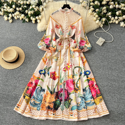 Load image into Gallery viewer, French Retro Women Black Beige Print Patchwork Lace Elegant Long Sleeves Princess Dress Boho Slim Evening Party Dress Spring New
