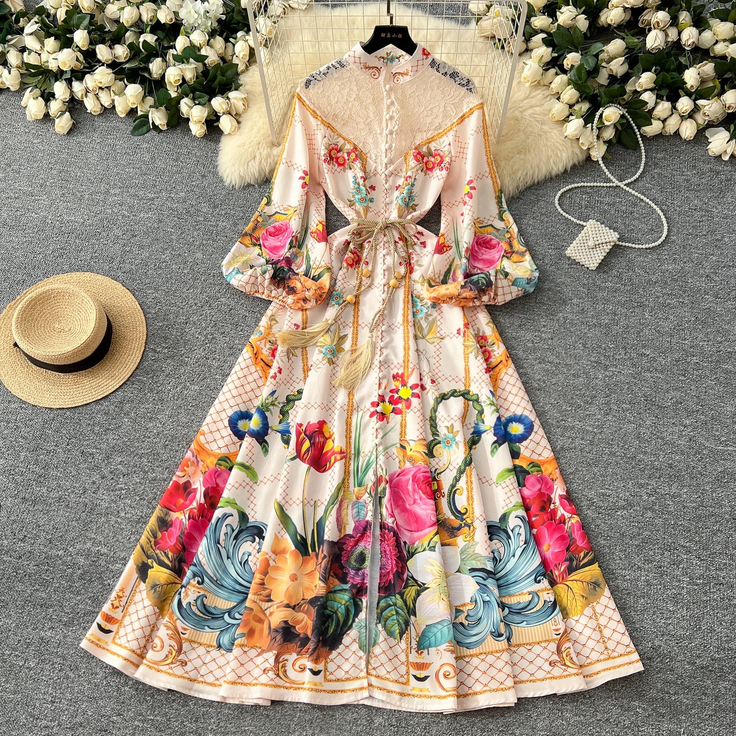 French Retro Women Black Beige Print Patchwork Lace Elegant Long Sleeves Princess Dress Boho Slim Evening Party Dress Spring New