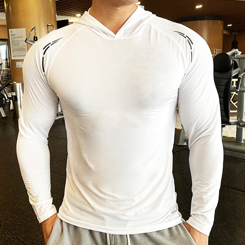 Load image into Gallery viewer, Gym Men T Shirt Casual Long Sleeve Slim Tops Tees Elastic T-shirt Sports Fitness Thin Comfort Breathable Quick Dry Hooded
