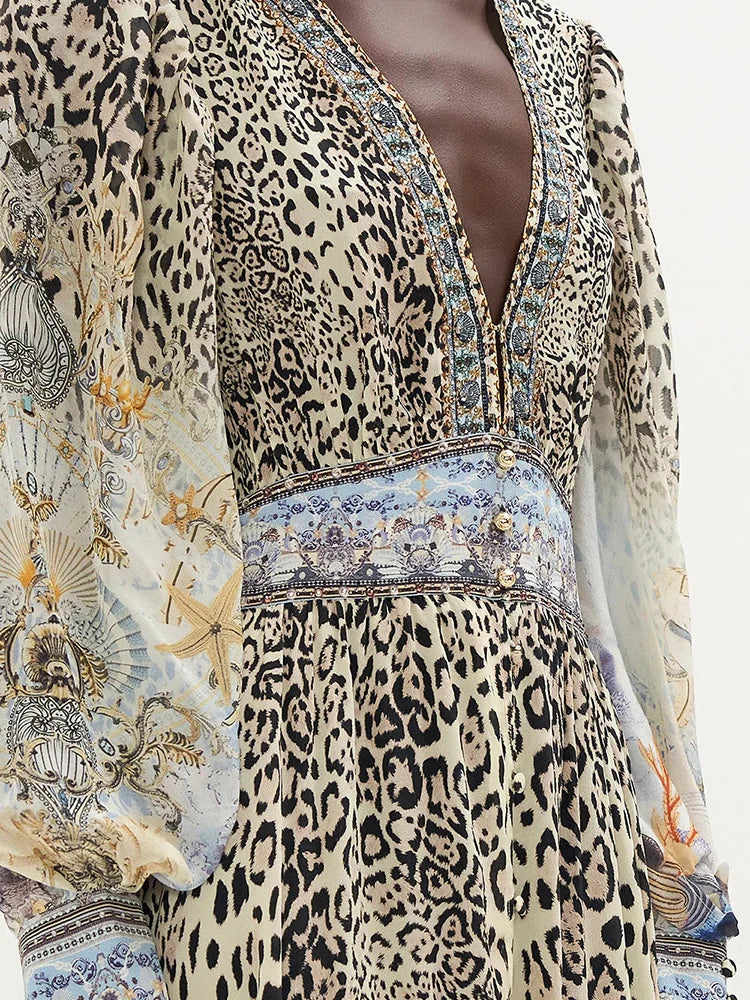 Vintage Leopard Dresses Female Deep V Neck Long Sleeve High Waist Spliced Ruffles Hem Slim Dress For Women Clothing Summer