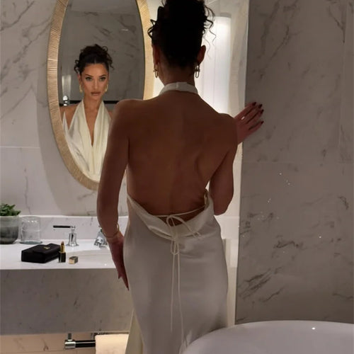 Load image into Gallery viewer, Satin Deep V Neck Backless Sexy Maxi Dress Women Elegant Halter Sleeveless Lace-up High Waist Draped Ruched Long Dress
