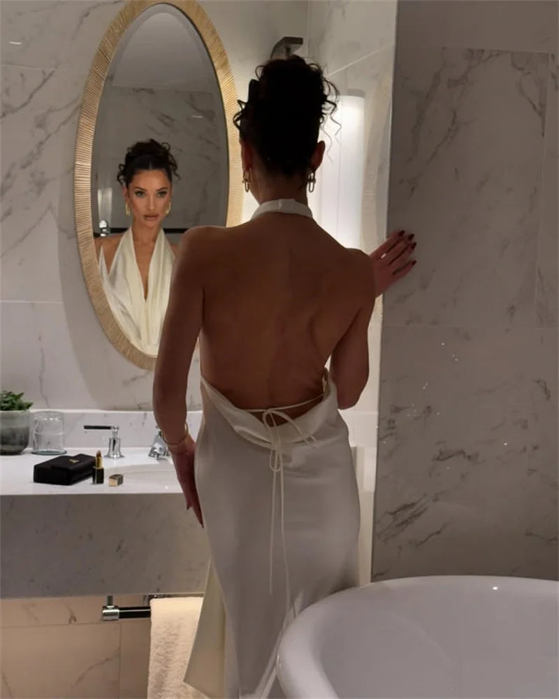 Satin Deep V Neck Backless Sexy Maxi Dress Women Elegant Halter Sleeveless Lace-up High Waist Draped Ruched Long Dress