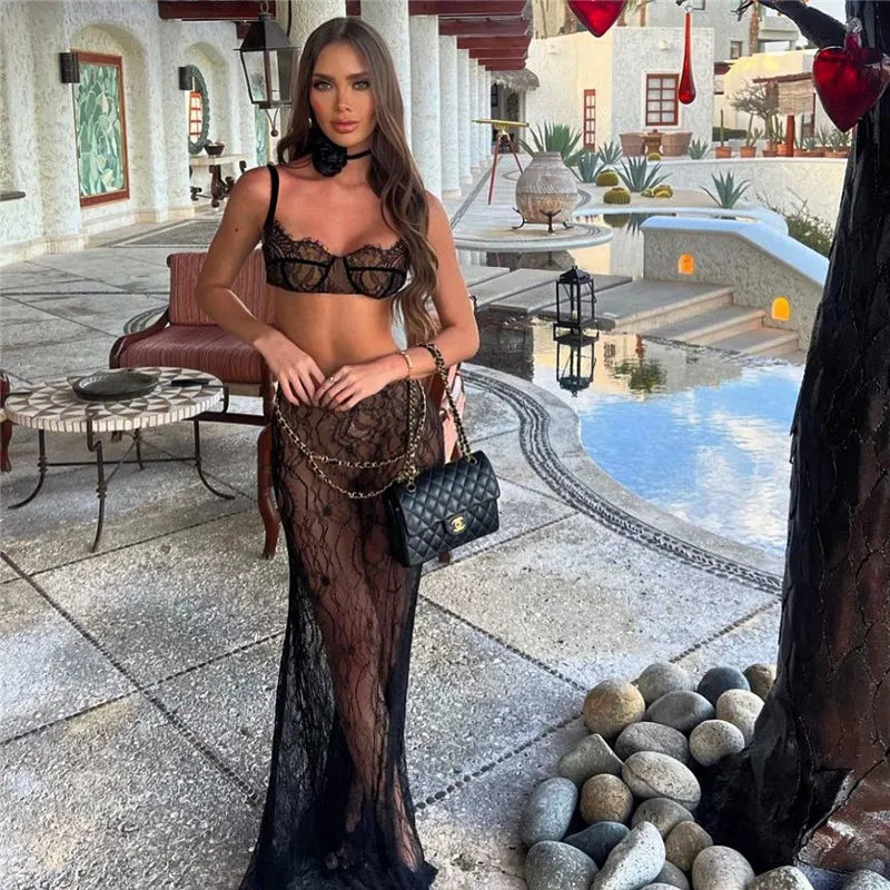 See Through Lace Two Piece Skirt Sets Women Crop Top And Maxi Skirt Sets Elegant Party Beach Sexy Two Piece Set