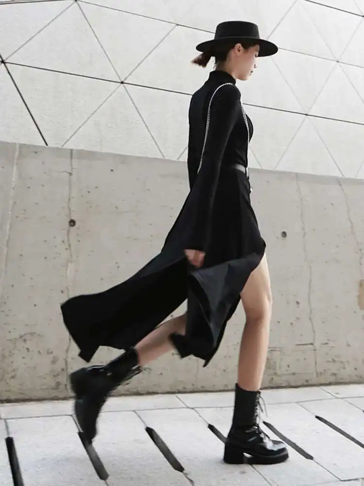 Women Red Hem Slit Long Irregular Dress New Turtleneck Long Sleeve Loose Fit Fashion Tide Spring Autumn 2025 1DF4817