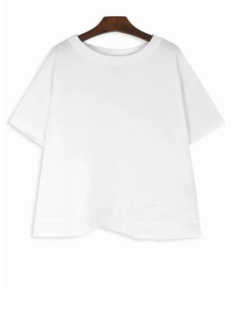 Women Green Color-block Big Size Irregular T-shirt New Round Neck Short Sleeve Fashion Tide Spring Summer 2025 1DH6013