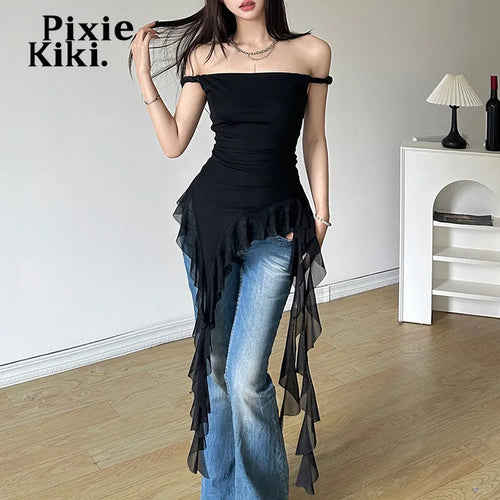 Load image into Gallery viewer, Mesh Ruffled Off Shoulder T Shirts Women Y2k 2000s Aesthetic Asymmetrical Tops White Black Summer Clothes P94-BH24
