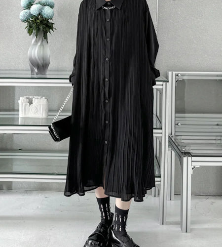 Women Black Brief Pleated Elegant Big Size Midi Shirt Dress New Lapel Long Sleeve Fashion Tide Spring Autumn 2025 1DJ0072