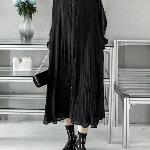 Load image into Gallery viewer, Women Black Brief Pleated Elegant Big Size Midi Shirt Dress New Lapel Long Sleeve Fashion Tide Spring Autumn 2025 1DJ0072

