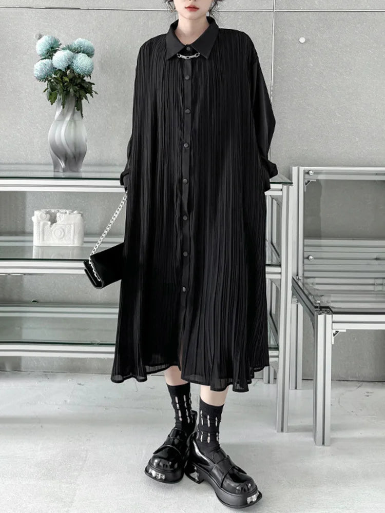 Women Black Brief Pleated Elegant Big Size Midi Shirt Dress New Lapel Long Sleeve Fashion Tide Spring Autumn 2025 1DJ0072