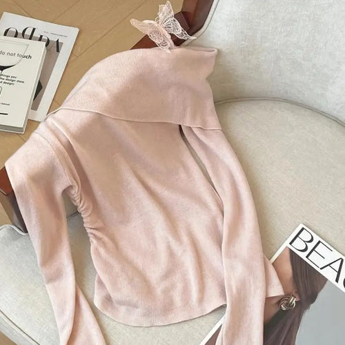 Load image into Gallery viewer, Spring Elegant Blue Pink Long Sleeve Versatile Slim Pullover Tops Fashion Women's Off Shoulder Pleated Knit Sweater Simplicity
