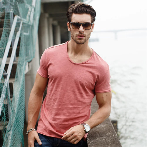 Load image into Gallery viewer, Brand Quality 100% Cotton Men T-shirt V-neck Fashion Design Slim Fit Soild T-shirts Male Tops Tees Short Sleeve T Shirt For Men v1
