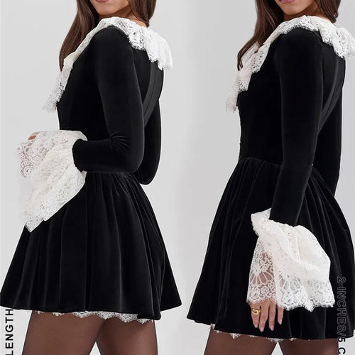 Load image into Gallery viewer, Lace Flare Long Sleeve Sexy Mini Dress Women Black Fashion Square Collar High Waist Pleated Club Party Dress Elegant
