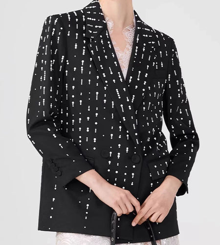 Solid Loose Spliced Bead Fashion Jackets for Women Lapel Long Sleeves Patchwork Buttons Temperament Jacket Female