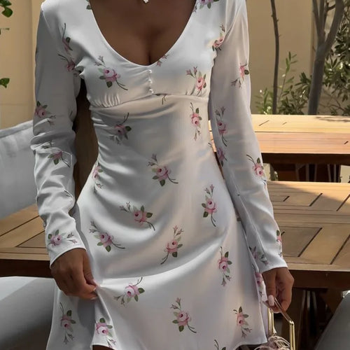 Load image into Gallery viewer, Elegant Satin Long Sleeved Printed Short Skirt For Women Slim V-neck High Waist Female Vestidos Beach Party Summer 2024
