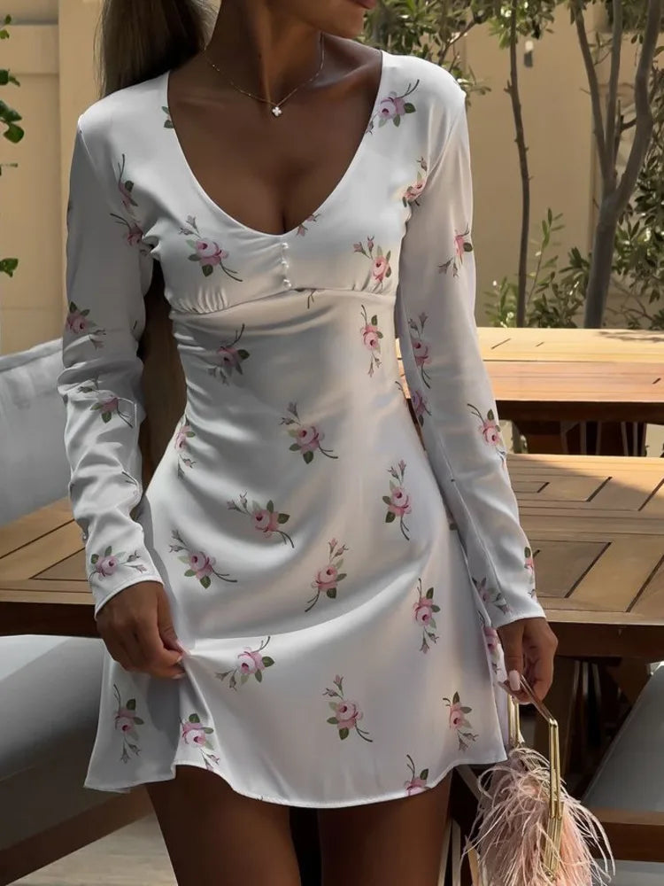 Elegant Satin Long Sleeved Printed Short Skirt For Women Slim V-neck High Waist Female Vestidos Beach Party Summer 2024